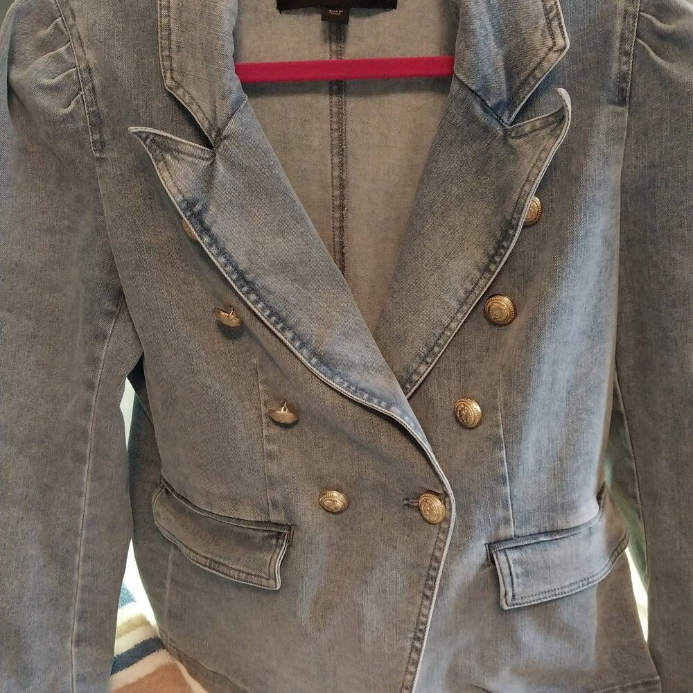 Boston Proper Puff-Sleeve Double-Breasted Denim Jacket